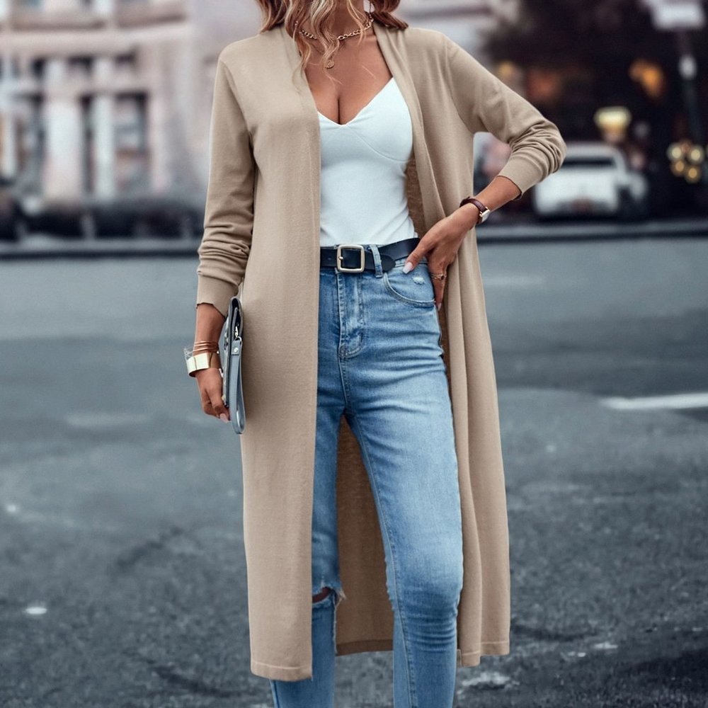 Khaki Casual Womens Solid Open Front Cardigan - Picture 5 of 5